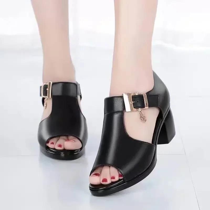 Fashion Shoes Female 2024 Fish Mouth Shoes Women's Sandals Fashion Buckle Strap Daily Sandals Women Hot Sale Square Heel Heeled Sandals