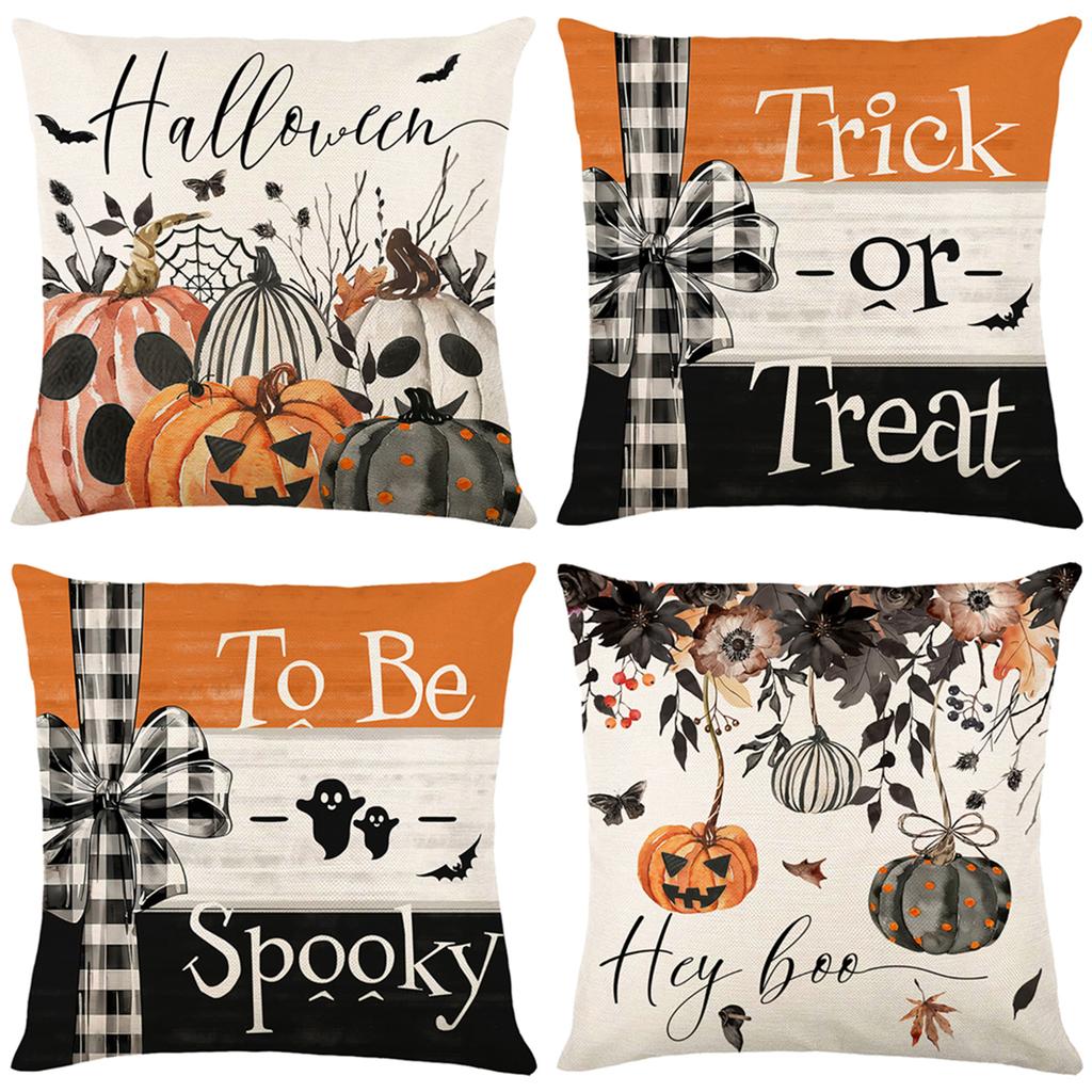 4 Pack Halloween Linen Throw Pillow Covers Cushion Case Vintage Square Pillowcase for Couch Sofa Bed Living Room Home Decor