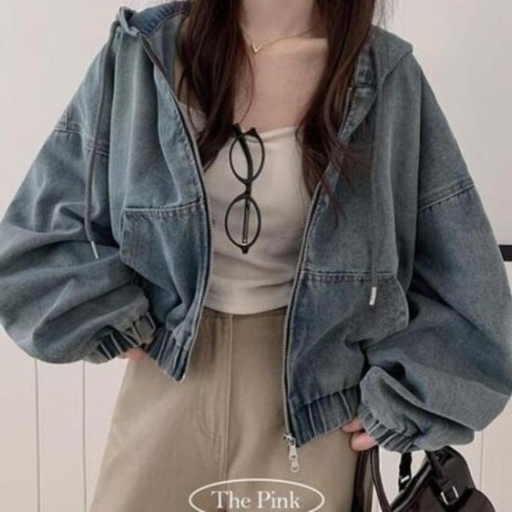 The Pink Loose Fit Semi Crop Two Way Hood Denim Jacket