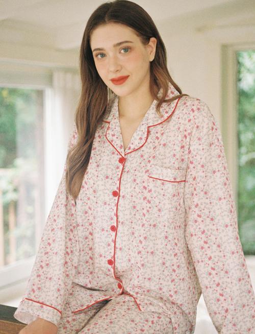 [Judyn] Vintage Floral Peach-Brushed Long Sleeve Pajama Top and Bottom Set [Shipped from Korea] 100% Authentic