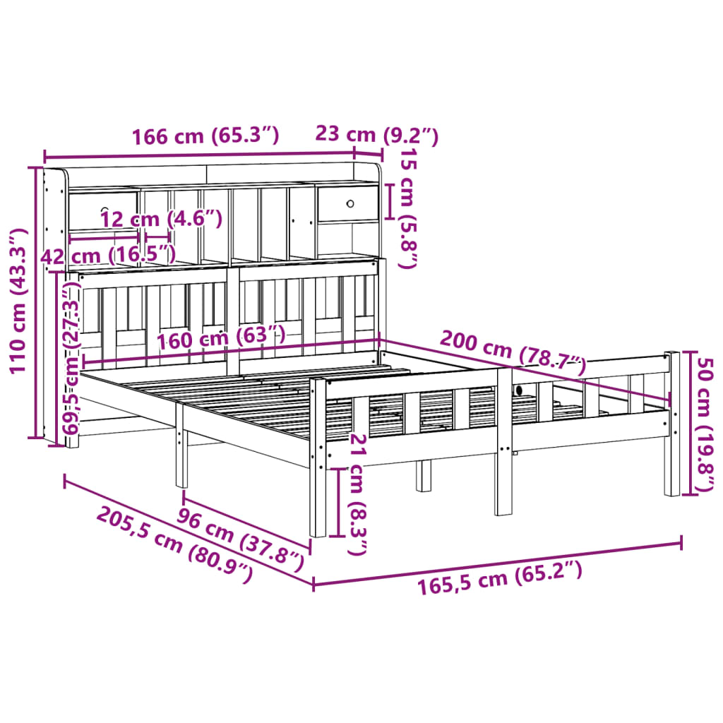 Solid Wood Bed with Shelf Without Mattress White 160 x 200 cm Pine