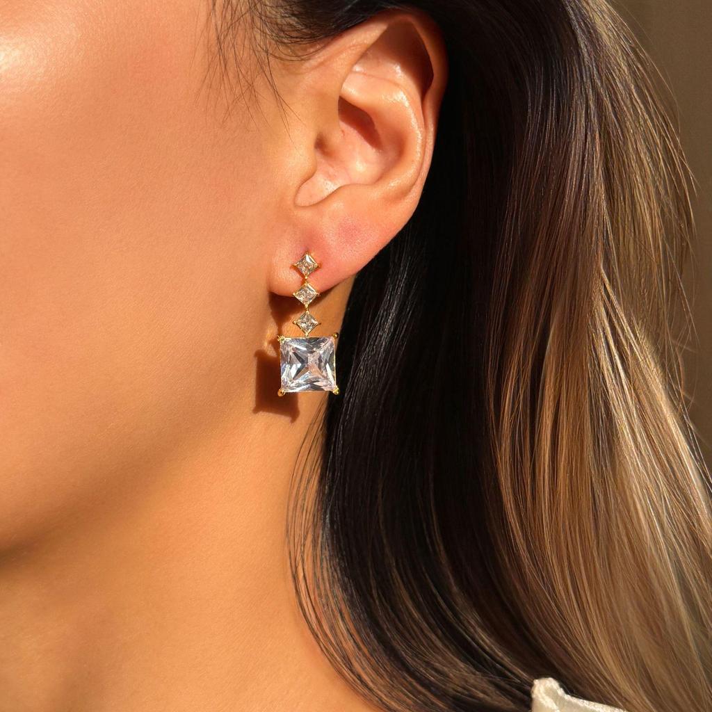 Korean Style Luxurious 18K Gold Stainless Steel Tassel Stud Earrings - Bling Square Sugar Pendant