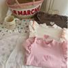 Girls' Puff Sleeve Heart Print T-shirt – Autumn/Winter Princess Top with Half High Collar, Korean Style. Available In Small and Large Sizes.