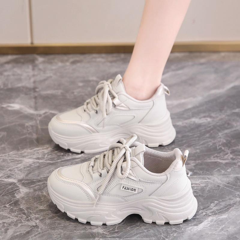 Platform Dad Shoes Women's Spring and Autumn New Leather Waterproof Sports Casual Shoes Dad Shoes