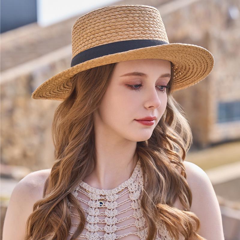 Top Hat British Fashion Flat Brim Hat Flat Top Straw Hat Seaside Beach Shade Sun Hat