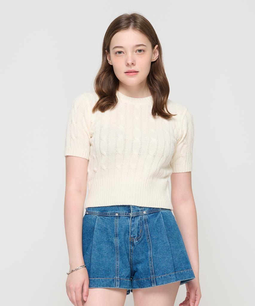 ROIDESROIS Cable Knit Short Sleeve Crop Knit (Ivory)