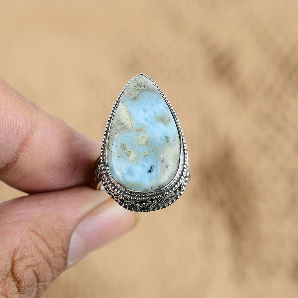 Birthday Gift For Her Natural Larimar Promise Vintage Ring Size 7.75 925 Silver