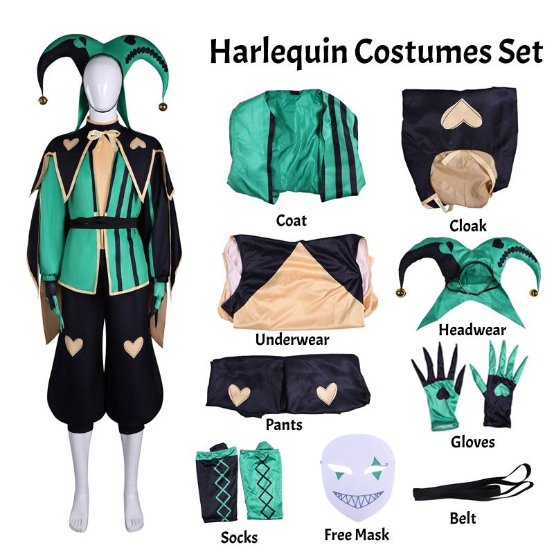 The Freak Circus Harlequin Clown Costume Full Set Pierrot Jester Unisex Cosplay Outfit Halloween Carnival Fancy Dress Jumpsuit