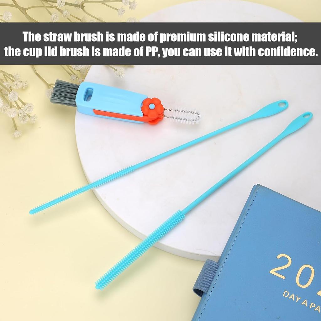 Cleaner Brush Set, 9.45 Inch Silicone Straw Brush with Cup Lid Brush Reusable Water Bottle Straw Cleaner Pipe Cleaners Crevice Brush Kitchen Cleaning