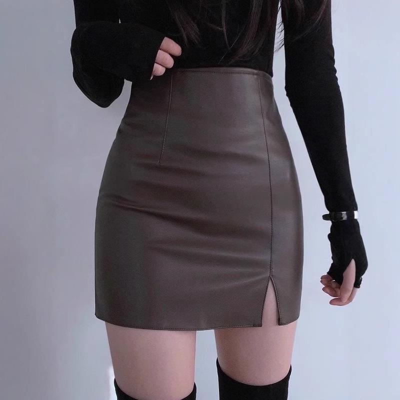 Women's Black High-Waist Bodycon Midi Skirt with Slit - Sexy Leather Pencil Skirt for Autumn/Winter