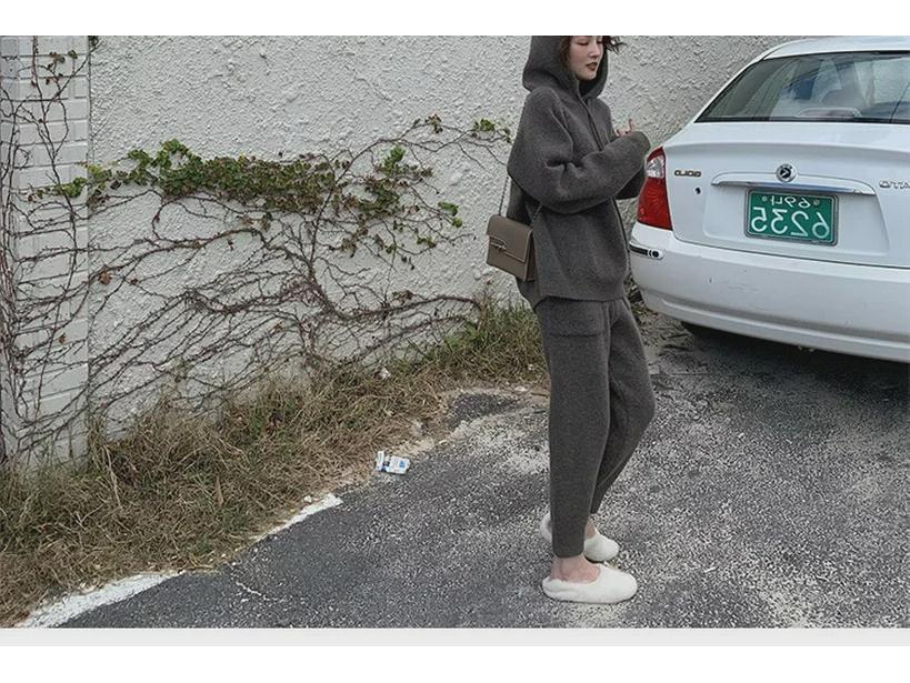 Women's Fashion Knitted Suit: Loose Hooded Sweater & Carrot Leg Pants for Autumn/Winter 2023