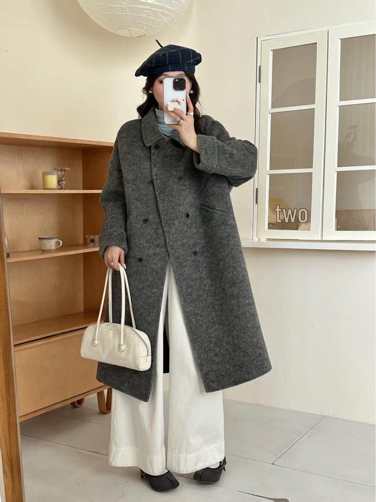 New Korean Style Double-Breasted Candy Color Wool Coat with Peter Pan Collar for Girls - Autumn/Winter Collection.