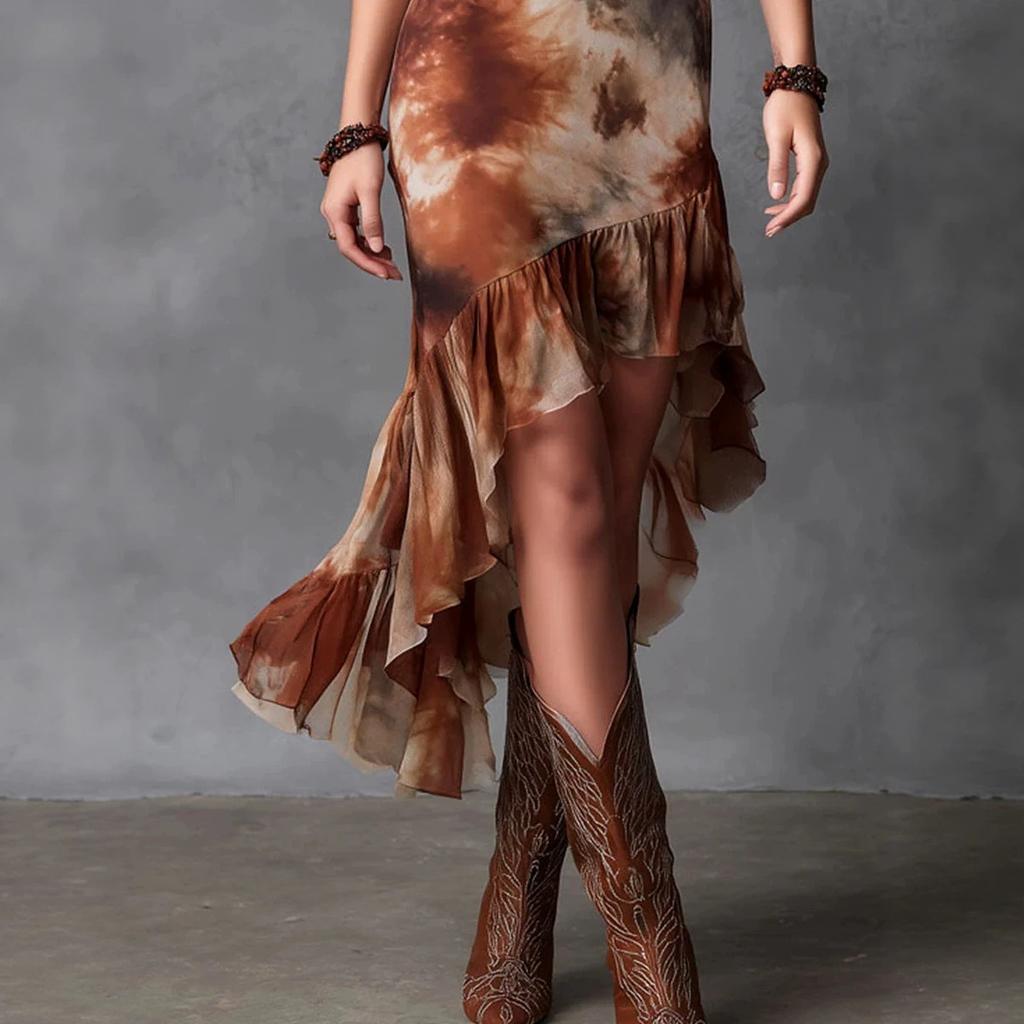 European and American style, slim and thin, high waist folds, irregular ruffle edge, sleeveless dress, long dress.