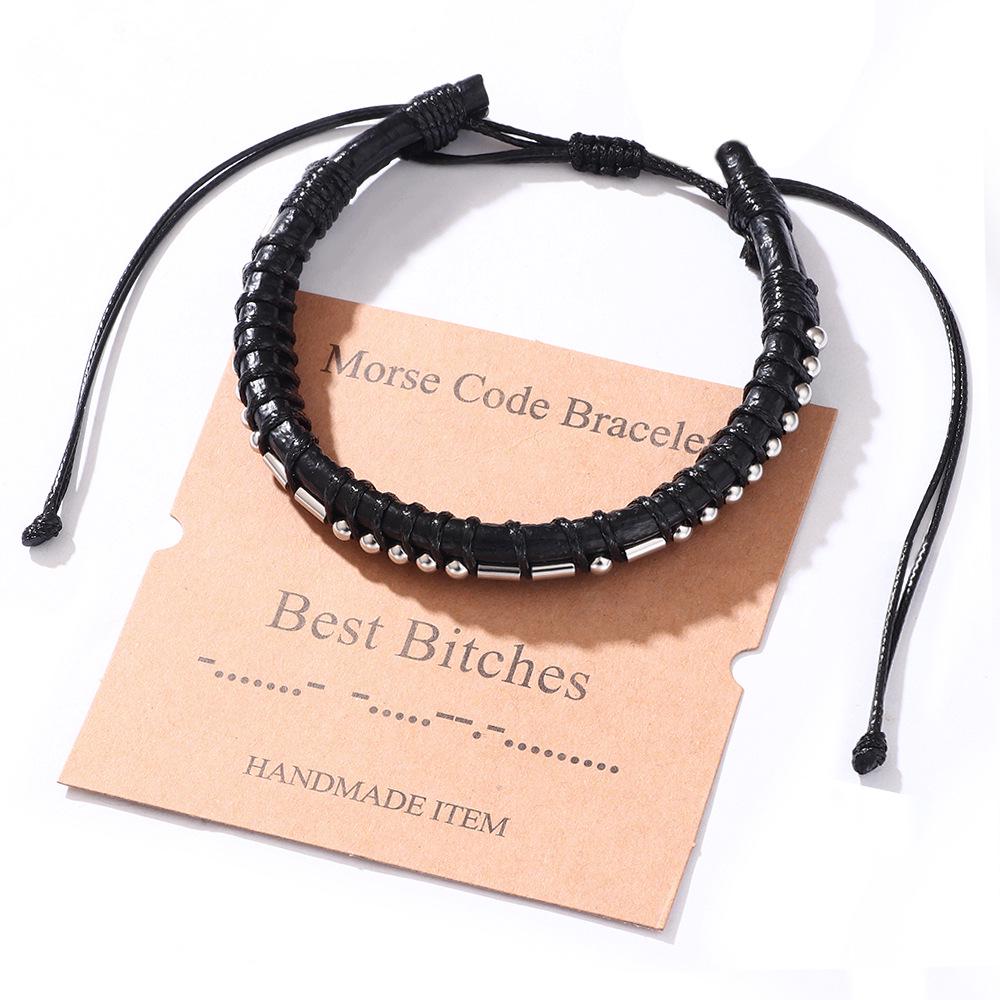 Men's Trendy Cowhide & Morse Code Bracelet with Stainless Steel Beads
