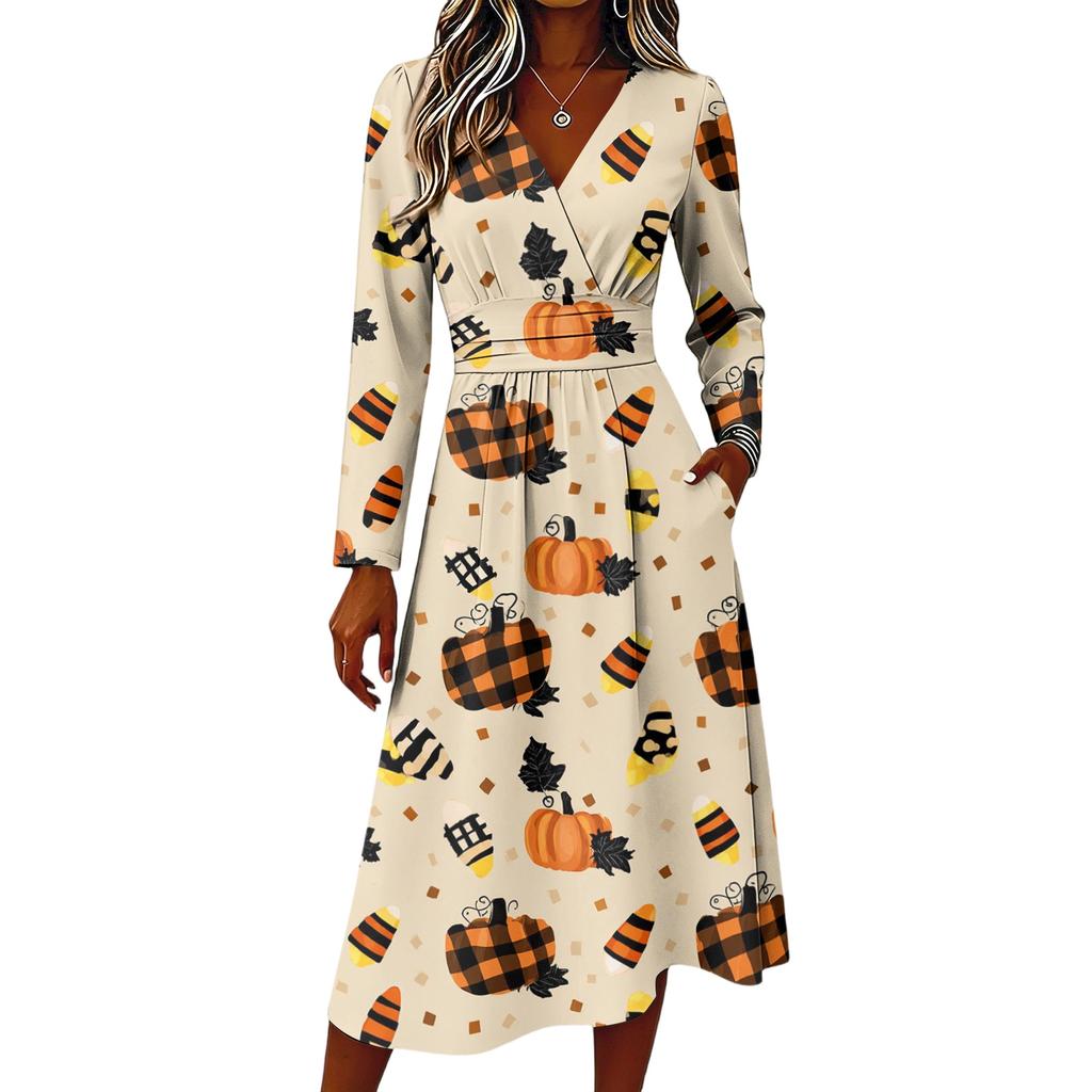 Women's Halloween Print V-Neck Long Sleeve Casual Dress with Pockets