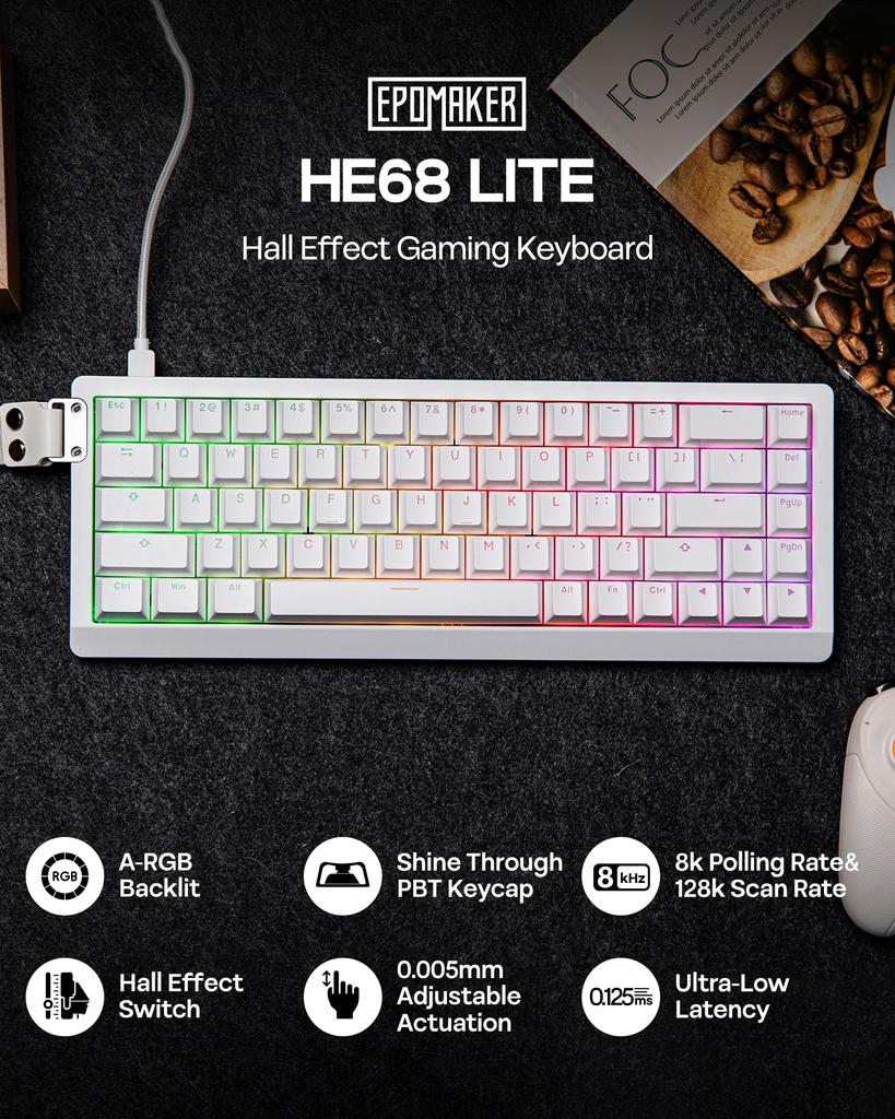 EPOMAKER HE68 Lite Hall Effect Magnetic Gaming Keyboard with 8000Hz Polling Rate 128K Scan Adjustable Snap SOCD Wired Mac Compatible Software & Rate,