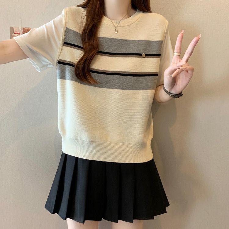 Summer Fashion Casual Versatile Short Sleeved Patchwork Round Neck Fake Two-piece Knitted T-shirt for Outerwear
