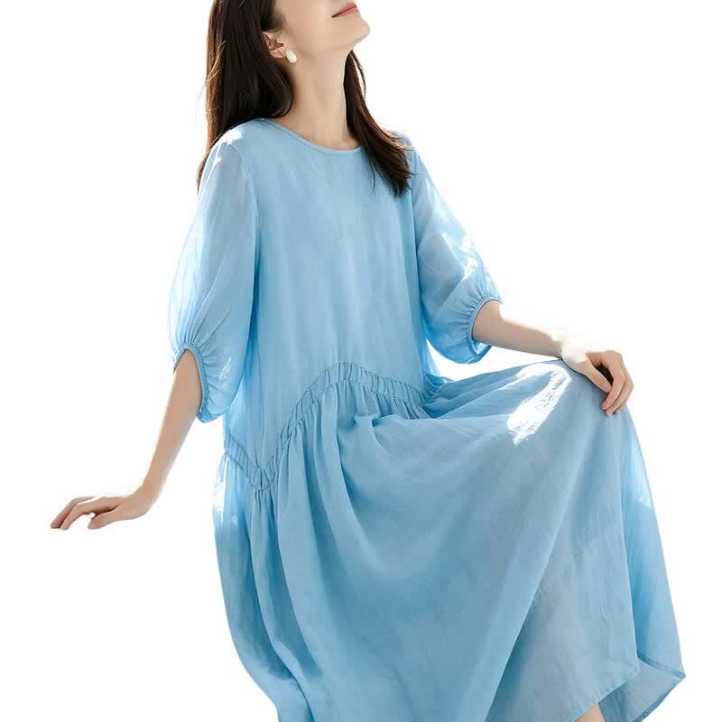 Women's Ramie Lantern Sleeve A-line Midi Dress