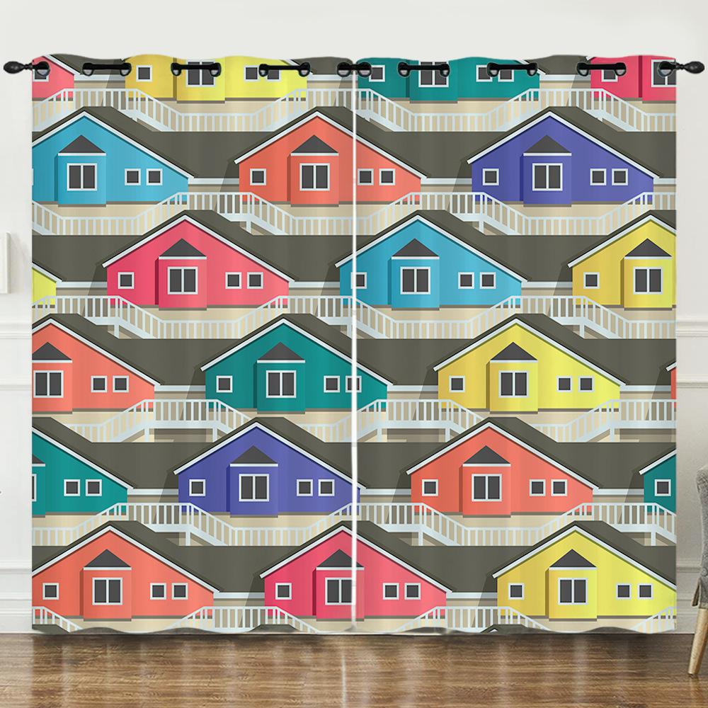 Curtains Rainbow Room Fairy Tale Town 3D Digital Printing Blackout Curtain Punching 2pcs*97cm*114cm*2