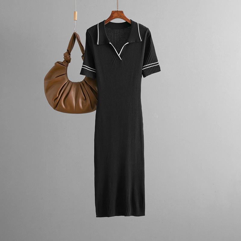 A New Summer Solid-color POLO Collar Slimming Knit Short-sleeved Dress for Women