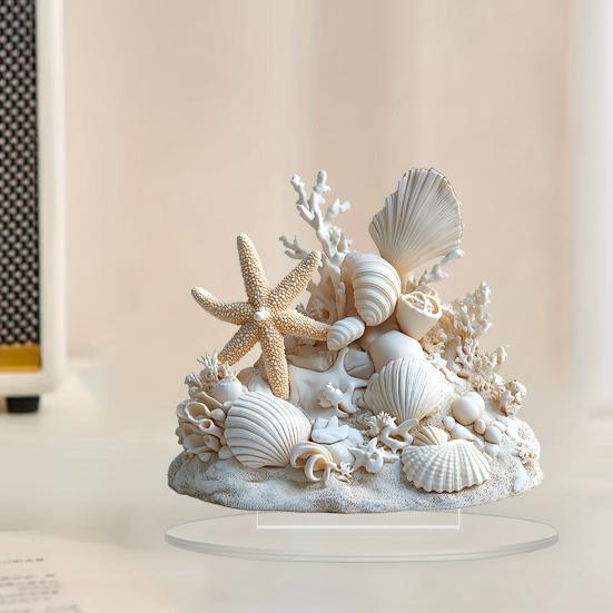 Yousheng Coastal Shell Coral Ornament, 2D Flat Acrylic Starfish Decoration with Base, Ocean Shells Table Centerpiece Ornament for Home Desk Shelf