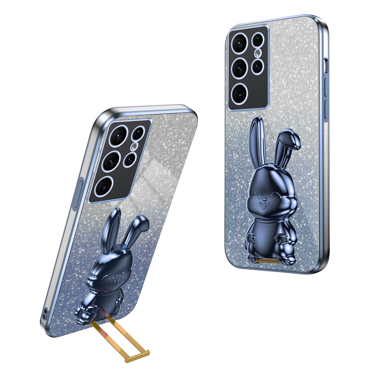 

For Samsung Galaxy S22 Ultra 5G Case Pull-out Kickstand Cartoon Rabbit Anti-drop Phone Cover Blue