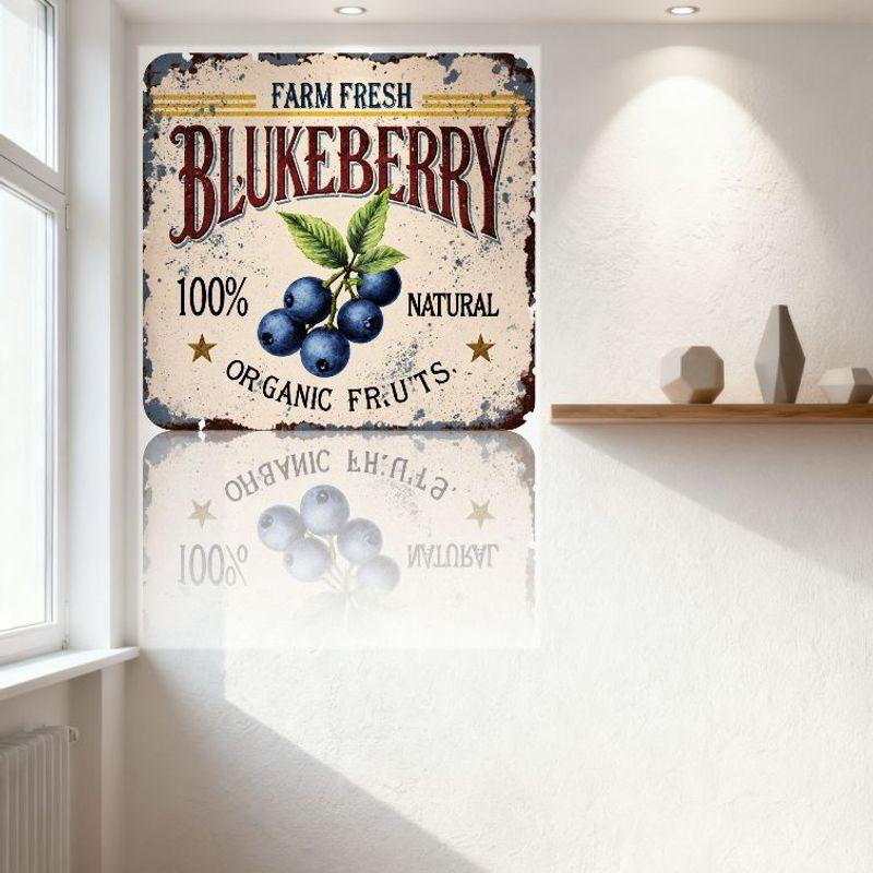 Vintage Farm Fresh Blueberry Metal Tin Sign 100% Natural Organic Fruits Decorative Sign for Home Cafe Bar Wall Decoration (Doubl