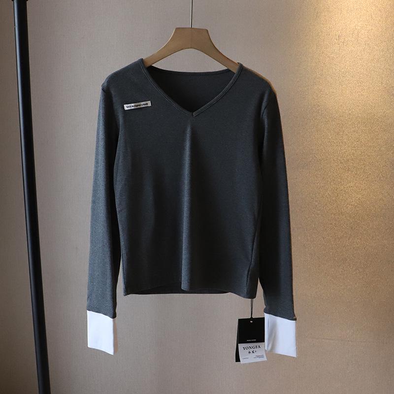 

Женская футболка с V-образным вырезом, длинным рукавом, колор-блочным пэчворком - стиль водопада от инфлюенсера, весна 2025 One Size серый