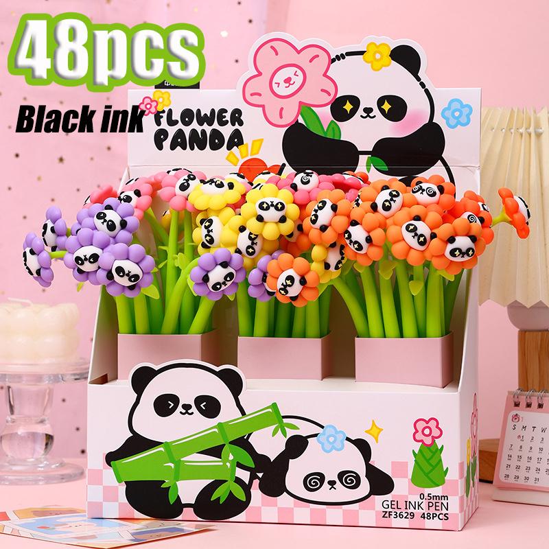48pcs Sunflower Shape Panda Shakes Neutral Pen Comfortable Grip Stationery School Office Supplies Student Prize Gift Writing Tools Holiday Gift Novelt