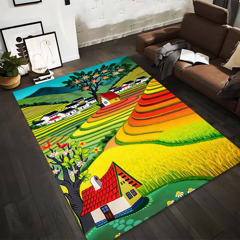 

Colorful Rural Landscape Printed Carpet with Hills and Village Pattern Suitable for use as an anti-slip for living room bedroom sofas 40x60cm( 15x23in )