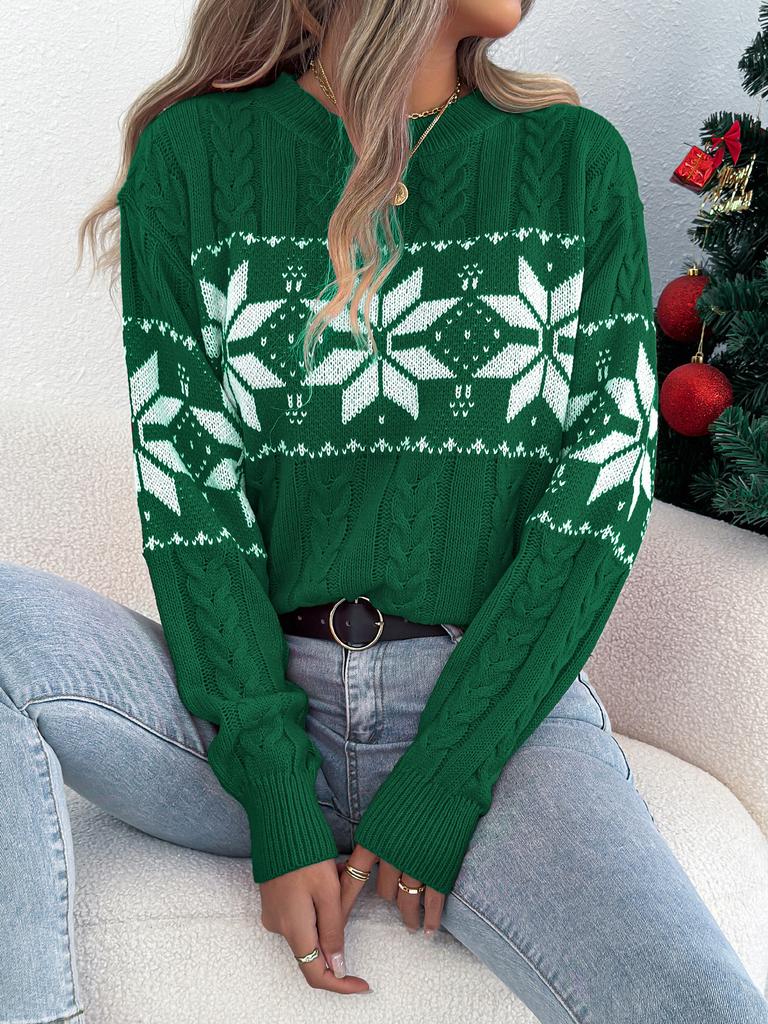women's Crew Neck Snowflake Cable Knit Sweater Loose Puff Long Sleeve Pullover Christmas Jumper Top