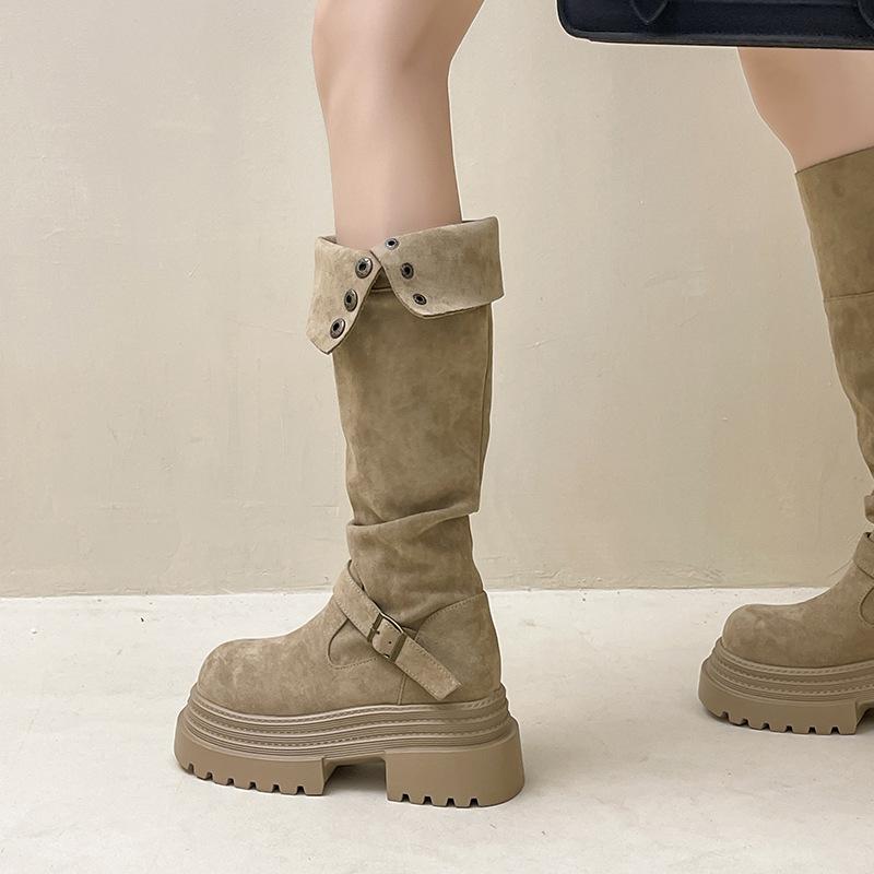 Retro British Style Thick-heeled Thick-soled Boots for Women's Autumn and Winter Fashion Versatile Suede and Thin Two Wear High-heeled Knight Boots