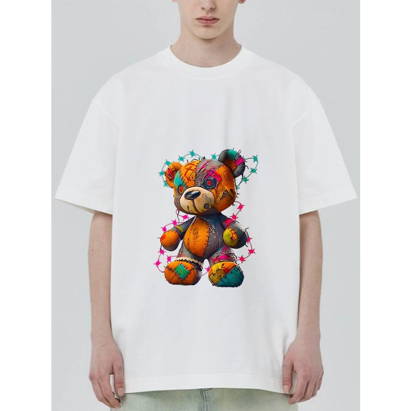 

Crewneck T Shirt Black Colorful Patchwork Teddy Bear Graphic Print Casual Streetwear Fashion Unisex Top for Men and Women Daily Wear Outfit XXXXL белый