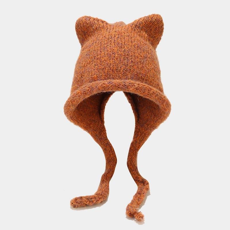 

Classic Knit Beanie With Cat Ears Braid For Winter Outdoor Insulation And Sun Protection Caramel