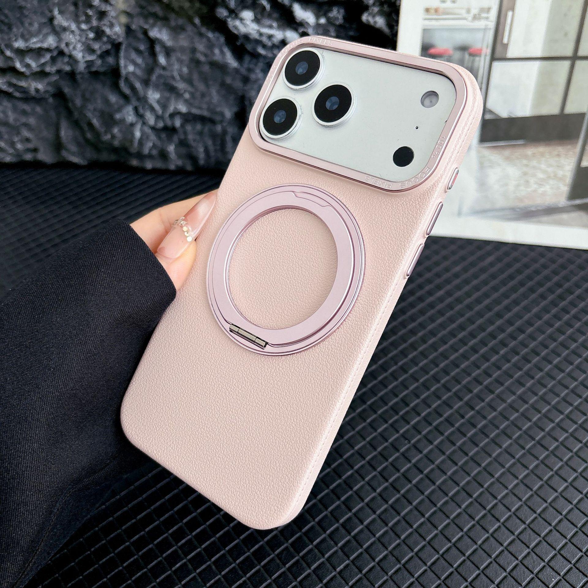 

Rotating Stand Case for iPhone 16PM/17PM with Magnetic Large Hole, Lychee Pattern Protective Cover 15 Pro Max розовый