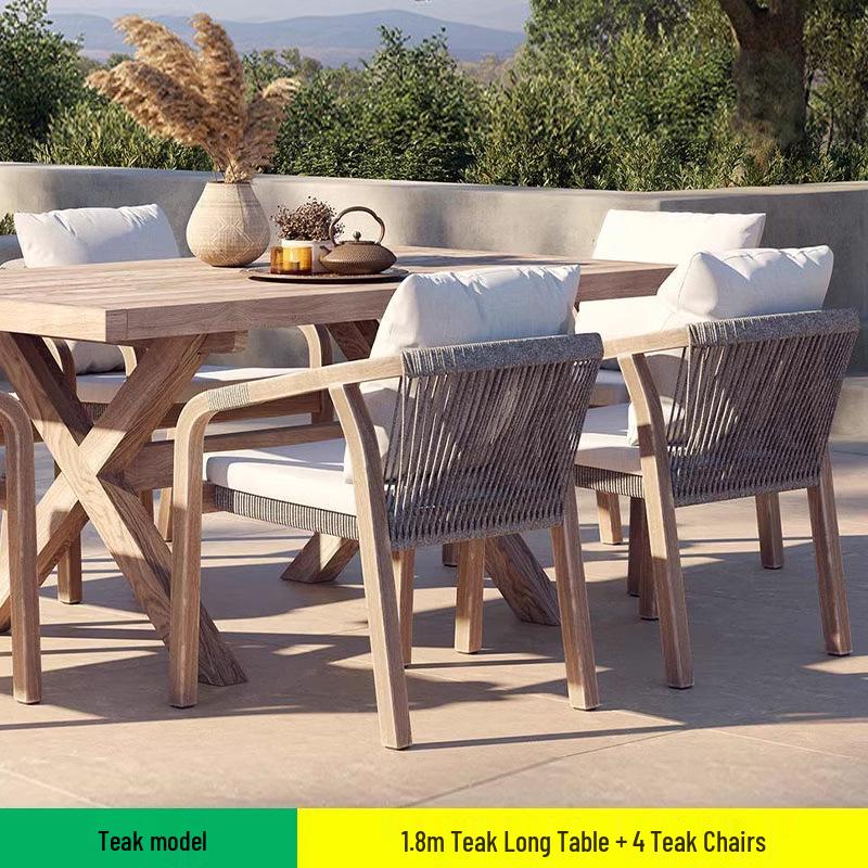 Teak Rattan Outdoor Dining Set: Waterproof Table & Chairs for Terrace or Garden