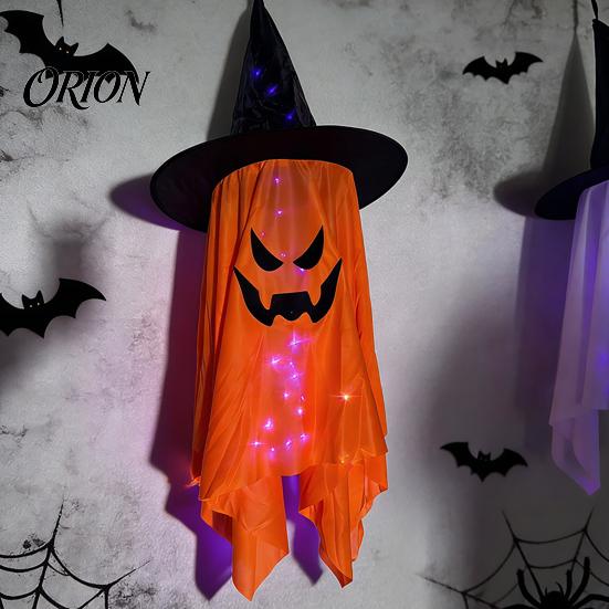 Halloween Yard Art for Decoration Hanging Ghost Decor with Wizard Hat, LED Light Up Colorful Lights Patio Windsock Porch Yard, Outdoor Spooky