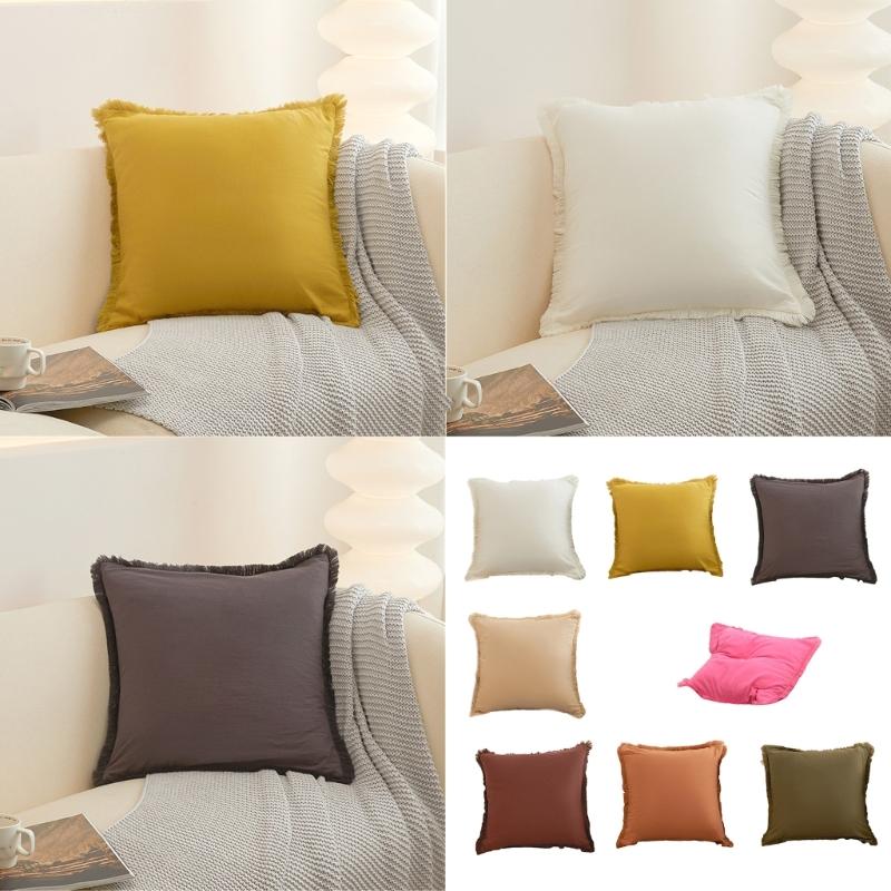 Solid Color Velvets Throw Pillow Case with Tassels Trim Bohemians Style for Living Room Decoration 18x18