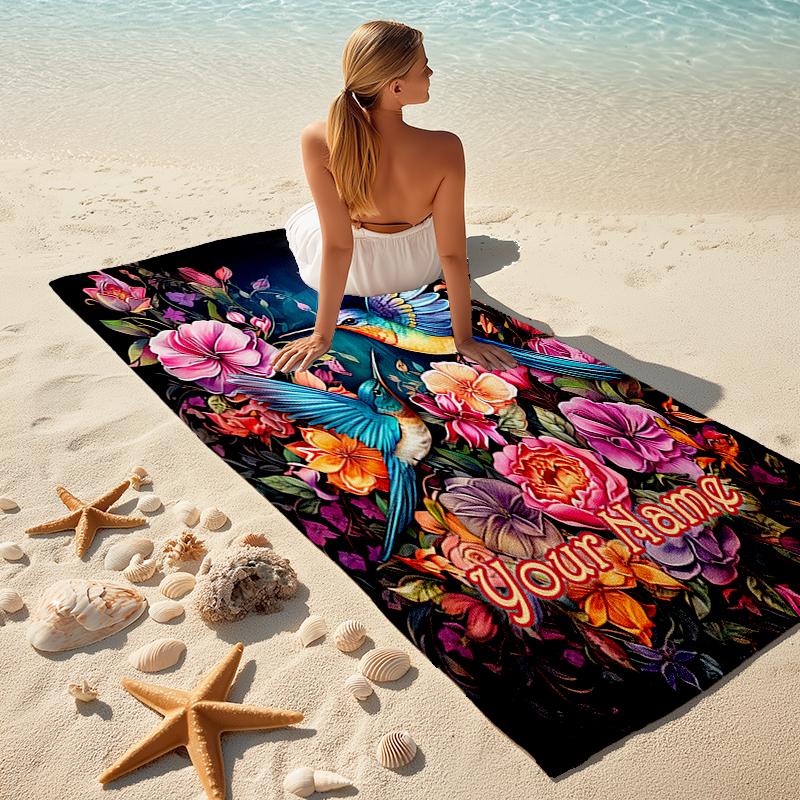 1PC Custom Name Hummingbird Garden Fantasy Beach Towel Highly Absorbent And Sand-Resistant Towel for Swimming, Pool, Yoga, And Travel Lightweight
