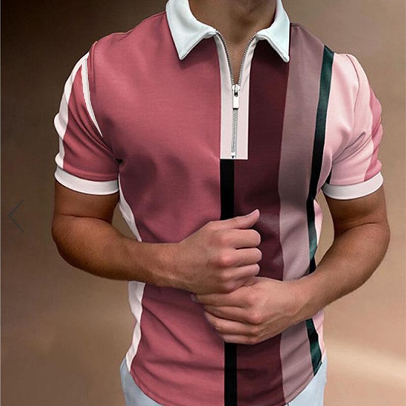 Летняя повседневная полосатая футболка цвета хаки с воротником-поло — фото 9