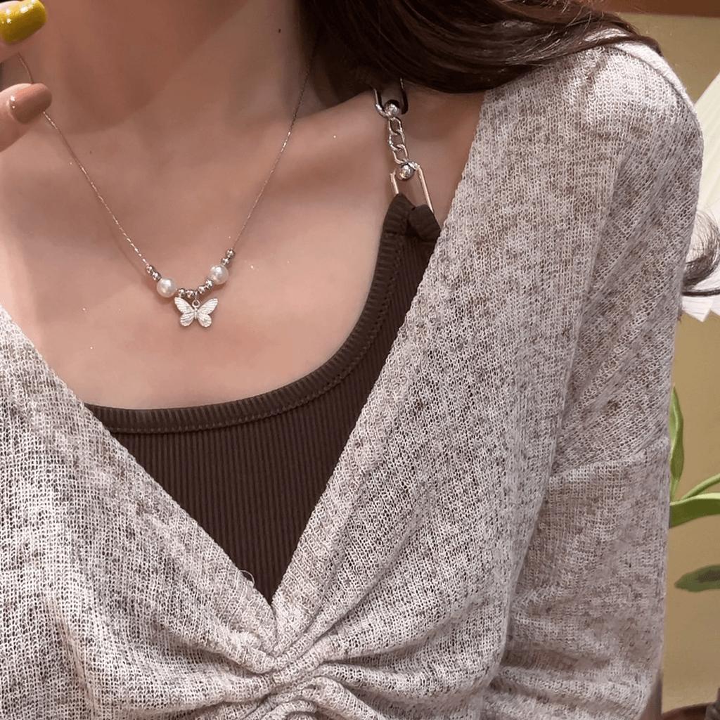 Ins Wind Butterfly Pearl Necklace Femininity Niche Design Sense Silver Collarbone Chain Autumn New Super Fairy Accessories