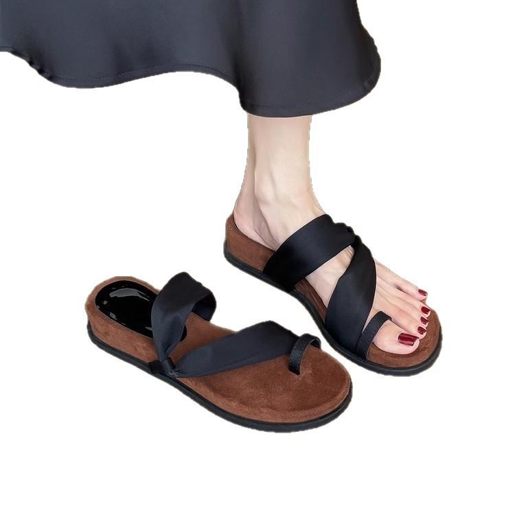 Sheepskin~ French round head cover toe cool slippers women's summer outer wear temperament with skirt thick sole with two sandals