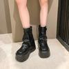 Fashion Women High Platform Ankle Boots Autumn Winter Gothic Style Leather Shoes Buckle Punk Motorcycle Boots Round Toe Chunky Sneakers