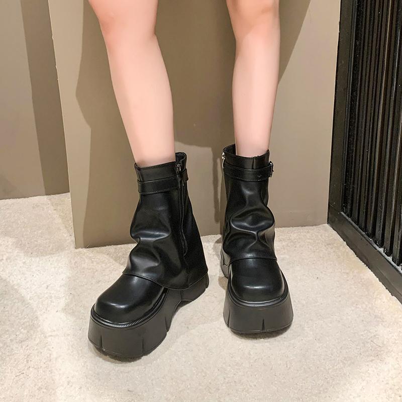 Fashion Women High Platform Ankle Boots Autumn Winter Gothic Style Leather Shoes Buckle Punk Motorcycle Boots Round Toe Chunky Sneakers
