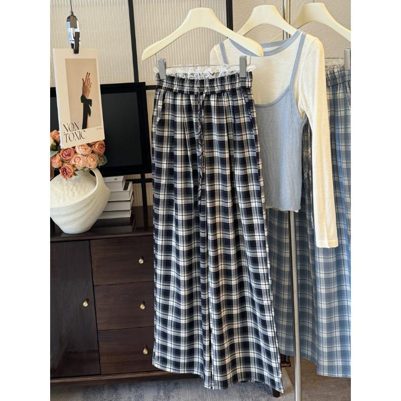 Loose retro plaid pants lace casual pants women's spring and summer loose wide-leg trousers mopping the floor and walking bay pants