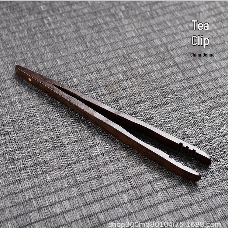 Ebony Wood Tea Ceremony Set: 5-Piece Brewing Kit with Tea Needle, Clip, Knife, Spoon, Cup Pin, and Brush.