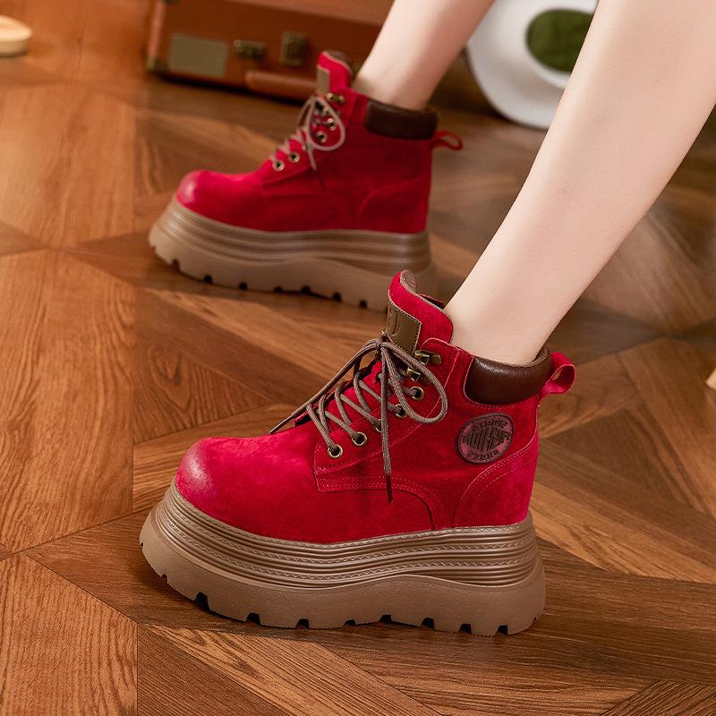 Thick-soled Inner Height-increasing Martin Boots Women's 2025 Autumn and Winter New Rhubarb Boots Medium Tube Velvet Warm Versatile Western Short Boot