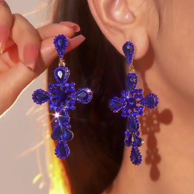 High-end Colored Glass Rhinestone Cross Earrings for Women