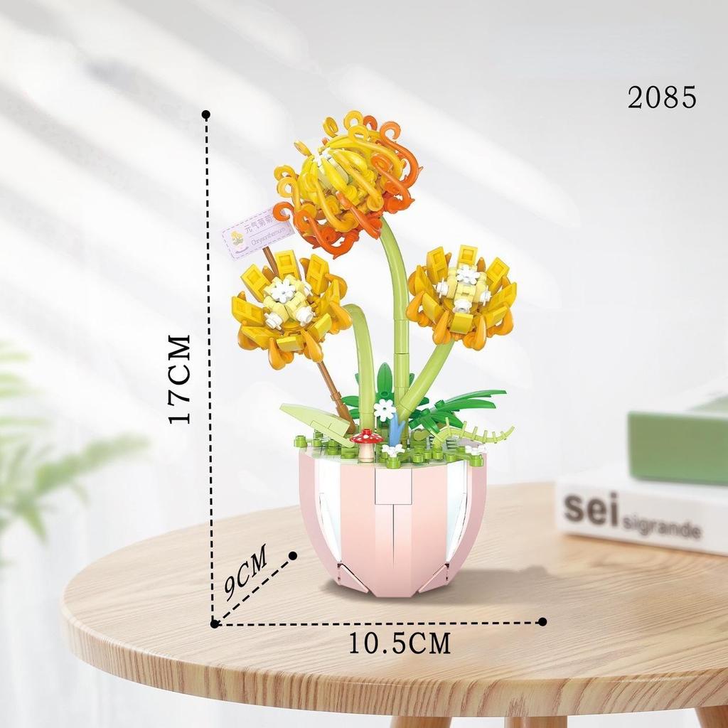 Building Block Bouquet 3D Model Home Decoration Plant Potted Chrysanthemum Rose Flower Assembly Brick Toy