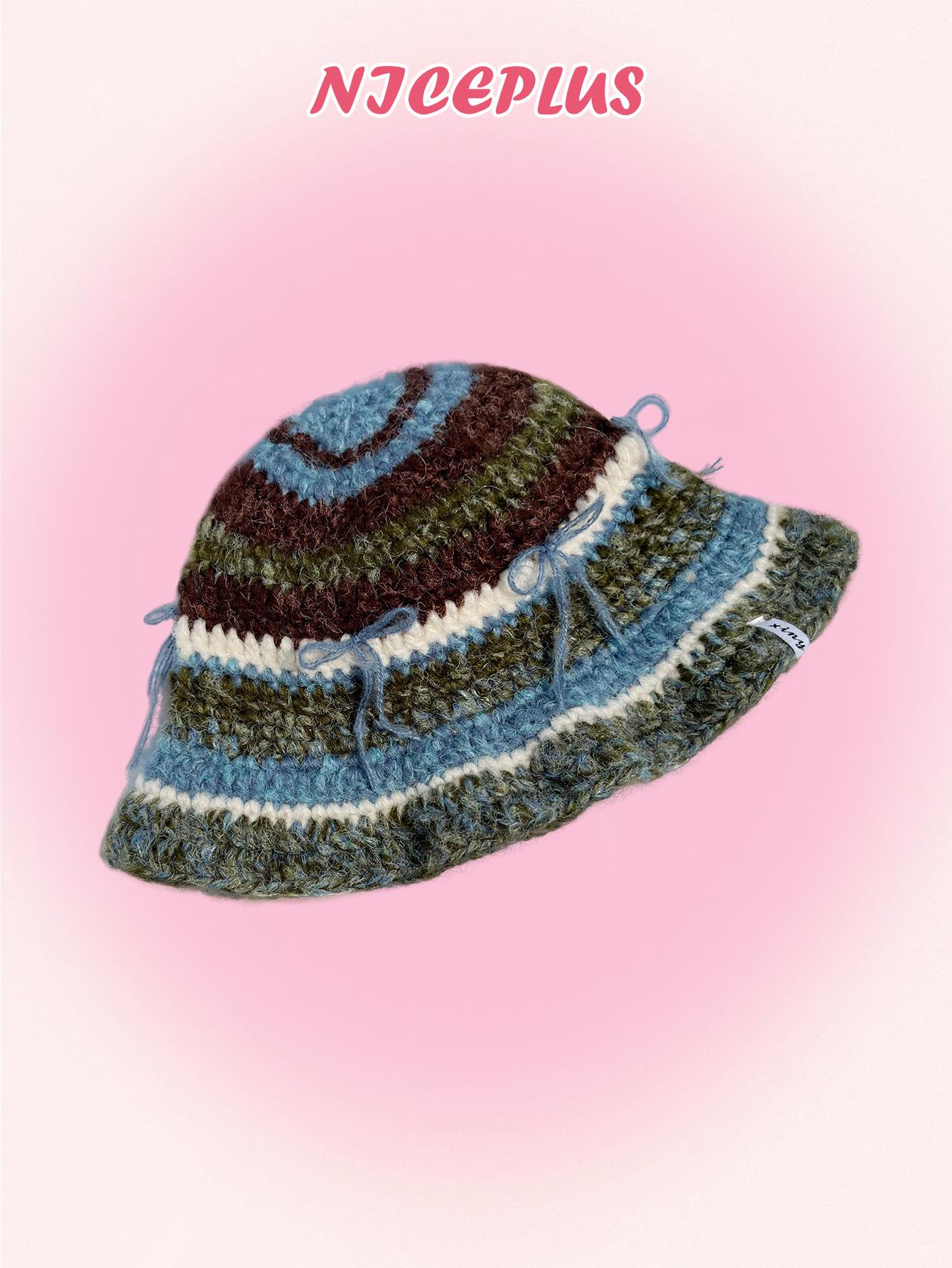 

Вязаная крючком шерстяная шапка-бини рыбака в полоску землистых тонов с бантом – Теплая, милая и универсальная для осени/зимы One Size морская волна